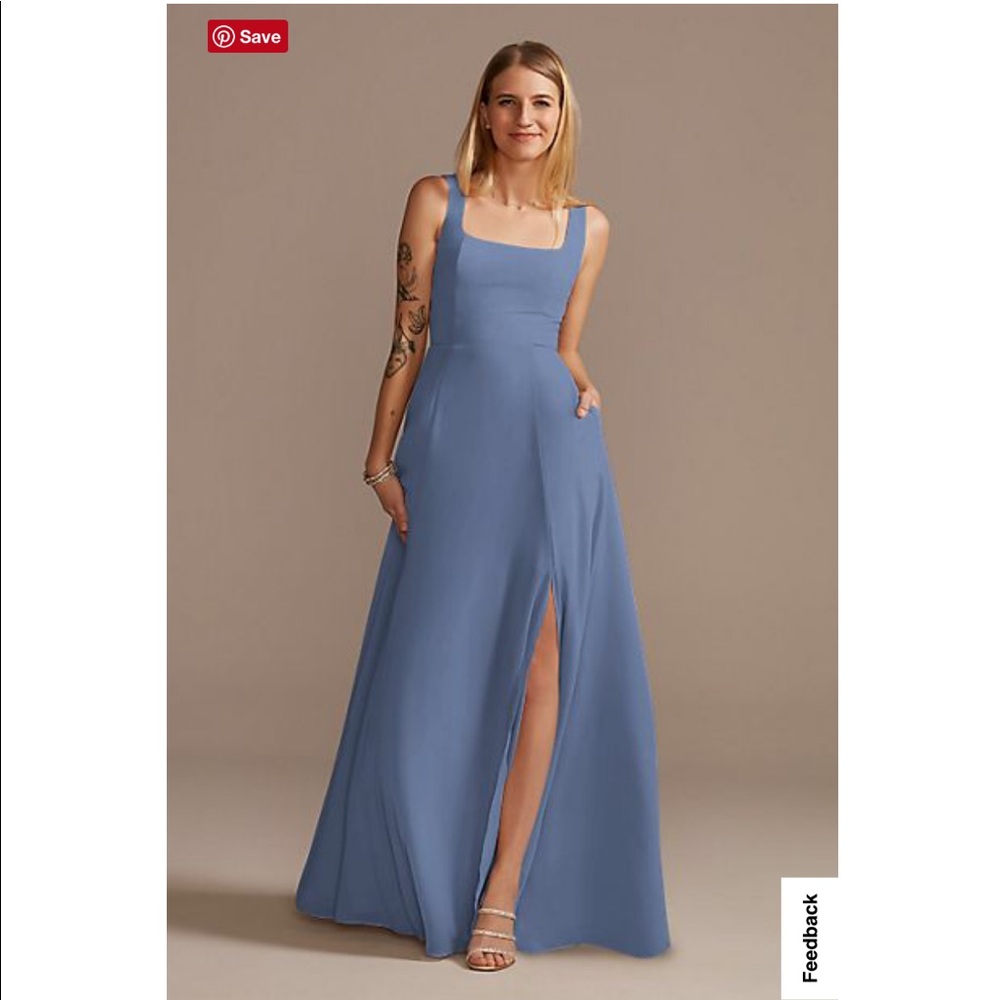 Chiffon Steel Blue Squared Tank Lace Up David’s Bridal Bridesmaid Dress NWT